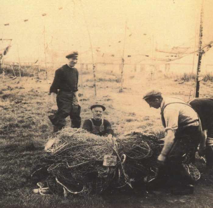 Left to right, as viewer looks. Hugh Ross [Hugha Jock], George Skinner [Geordie], John MacKenzie [Curly], Balintore nets August 1948.